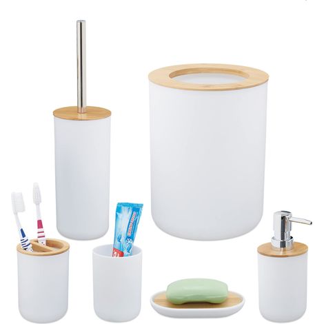 Relaxdays Bagno Completo, 6, bambù, Kit WC, Porta-Spazzolino, Dentifricio, Sapone e Saponetta, Bianco, Set da 6X Accessori