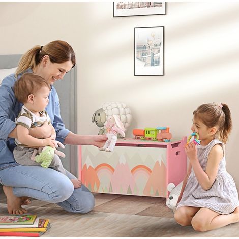 Cassapanca per giocattoli 60x37x39 cm, Contenitore capiente, Cerniera protetta, Legno, Rosa, per bambini (1/5)