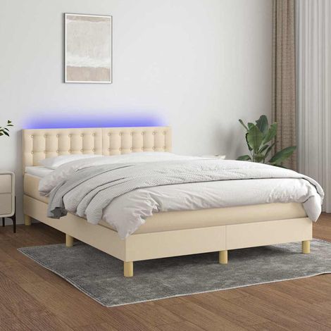 Cama box spring colchón y luces LED tela crema 140x190 cm (1/5)