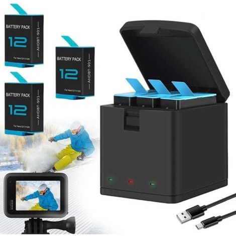 Kit chargeur pour GoPro Hero 12 11 10 9 Black - Batterie et chargeur de remplacement - Compatible tous accessoires (1/4)
