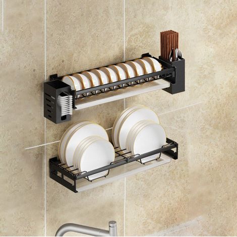 Lot de 2 étagères murales sans perçage pour bols et assiettes – Égouttoir à vaisselle en acier noir, capacité 10 bols, 44×15×6 cm (1/5)