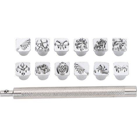 Outil de poinçonnage de 12 pièces, motifs plantes et animaux, pour la création de motifs en cuir et la sculpture, avec 1 poignée. (1/5)