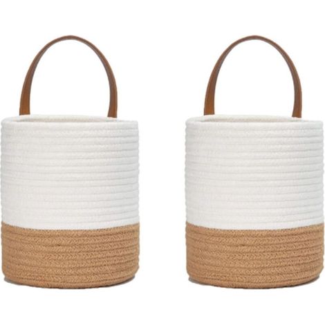 2 Paniers à Plantes Tissés en Corde de Coton, Ensemble de Panier Mural Tissé Suspendu, Corde de Coton Panier, pour Pot de Fleurs Coton Stand Home Decor Blanc + Jute