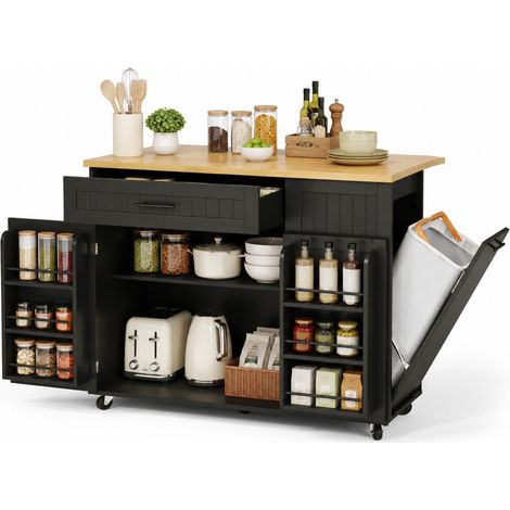 Desserte de Cuisine avec Plateau Rabattable, 1 Tiroir, Rangement pour Poubelle et Roulettes Verrouillables, MDF Noir (1/5)