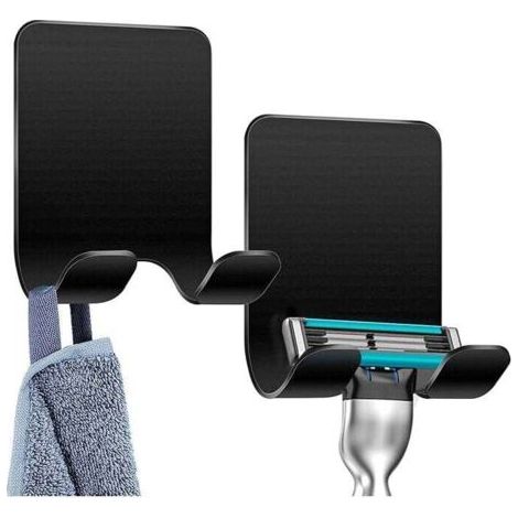 Set di 2 porta rasoi da doccia, gancio autoadesivo, in acciaio inossidabile, ideale per bagno e cucina, non richiede foratura, colore nero.