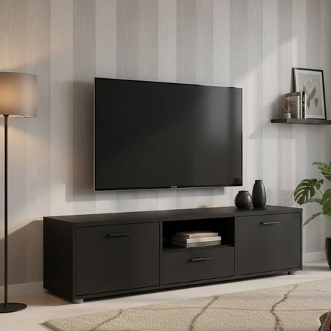 Dmora - Mueble de televisión Fernande, Aparador de salón, Mueble bajo para TV, Base de pared equipada, 147x40 h38 cm, Negro (1/5)