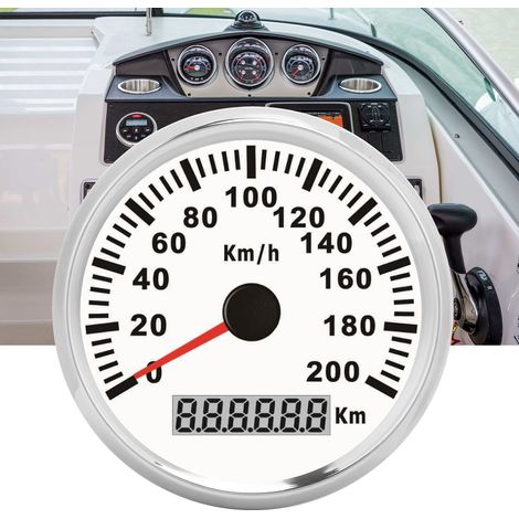 Compteur de vitesse GPS 200 km/h avec trou de montage de 85 mm, rétroéclairage rouge, universel 12 V/24 V pour bateaux, yachts, motos, voitures, camions et véhicules de construction avec GPS (fond bla (1/5)