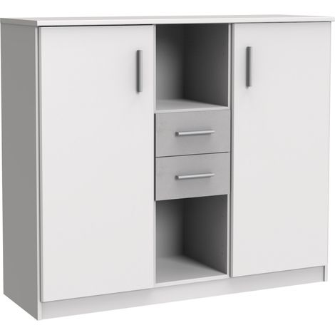 Buffet, meuble de rangement coloris Blanc, rechampis teinte béton gris clair - longueur 122 x hauteur 105 x profondeur 41 cm -PEGANE- (1/2)