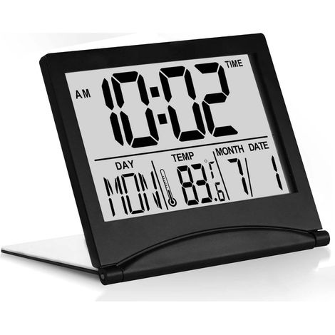 Réveil de voyage numérique pliable avec écran LCD, calendrier et affichage température, mode snooze, design compact pour bureau ou chambre (1/5)