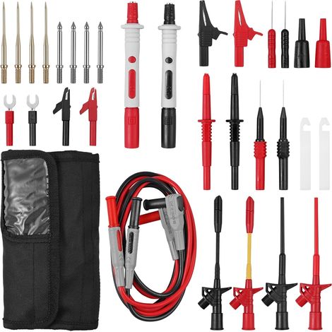 Kit Fils de Test Multimètre 26PCS Silicone avec Pointes Interchangeables Or, Aiguilles de Perçage Auto, Clips SMD et Pinces Crocodile Pour Électriciens, PCB, Automobile avec Sac (1/5)