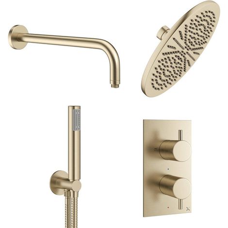 Crosswater MPRO Douche pluie 30cm - robinet de douche thermostatique - encastrable - avec bras mural - douchette - laiton brossé (1/5)