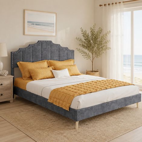 Cama 140x200 cm gris con cabecero tapizado y somier de lamas, DESVIAE (1/4)