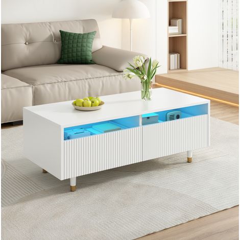 Table basse 110x50x40 cm blanche en MDF avec 2 tiroirs, éclairage LED multicolore et pieds bois massif (1/5)