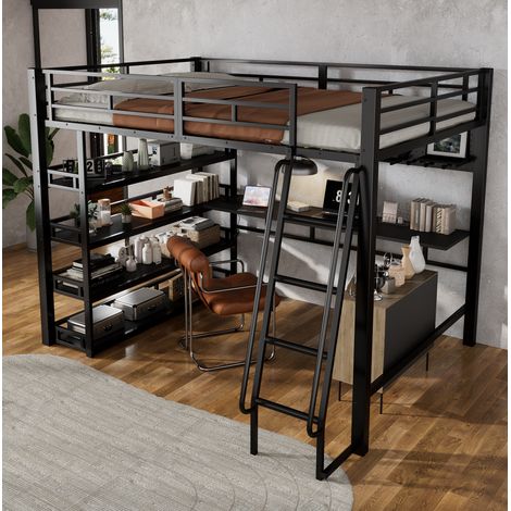 Cama alta 140x200 cm negra de metal y tablero de partículas con almacenaje (1/4)
