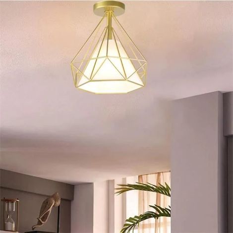 U-Do Plafonnier Industriel Lampe Abat - Jour Cage forme Diamant en Métal Doré design Vintage pour Cuisine Salon Bureau (1/4)