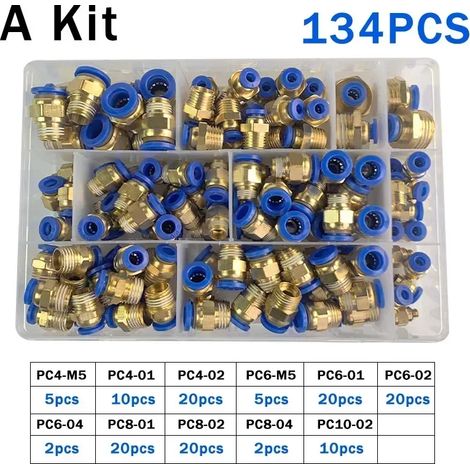 Kit de 134 pièces (1 boîte) : Raccords pneumatiques à insertion rapide série PC, pour tuyaux et tubes. Disponibles en boîtes. Disponibles en 1/4", 1/8" et 1/2". (1/5)