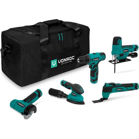 Vonroc – Pack de 5 outils électroportatifs 12V – Scie sauteuse, perceuse, ponceuse, outil multifonction, meuleuse – 5 batteries 12V et sac inclus (1/5)