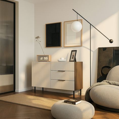 Aparador Grado, aparador de salón con una puerta abatible y tres cajones, elevado del suelo, 104x42 h75 cm, nogal y beige (1/5)