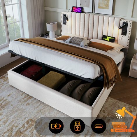 DESVIAE Lit double avec rangement 180x200 cm tête de lit réglable avec rivets liseuses USB Type C beige coton Mano Mano (1/5)
