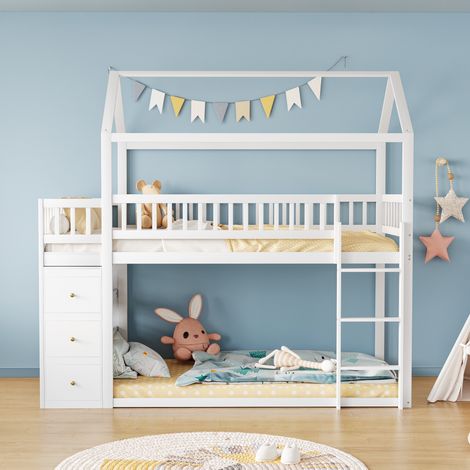 Letto a castello 90x200cm, Matrimoniale, a forma di casa, con protezione anticaduta e scaletta, con contenitore e ripiani, struttura in legno massello, adatto a bambini e adolescenti - Bianco (1/5)