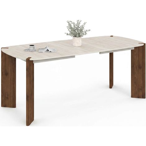 Tavolo da pranzo allungabile rettangolare con angoli arrotondati TESS, 6-10 persone, 4 gambe arrotondate in noce, piano in trave (1/5)