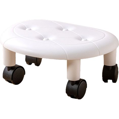 Round Low Rolling Stools Fuax Leather Universal Wheel Small Roller Swivel Stool High Weight Capacity for Home White