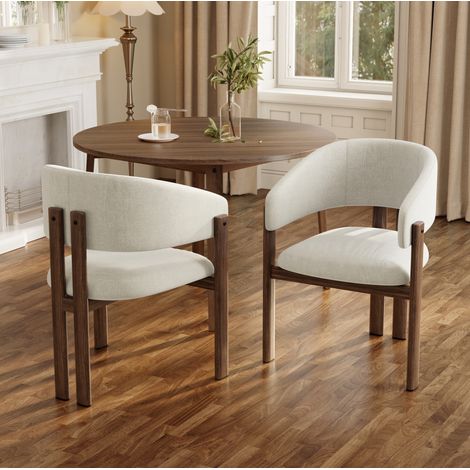 2 sillas de comedor con reposabrazos, metal, lino beige, aspecto nogal HAVRYA (1/5)