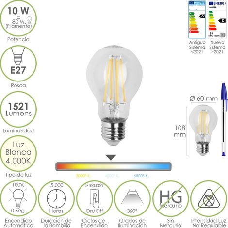 Ampoule LED filament standard à vis E27. 10 watts. Équivalent à 80 watts. 1521 lumens. Lumière neutre 4000 K.