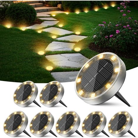 Lampe Solaire Au Sol Jardin Lot de 8, Lumiere Solaire Exterieur 8 LED, Étanche Spot Solaire Extérieur, Eclairage Solar pour Terrasse Allée Chemins Pelouse Cour Outdoor Garden, Blanc Chaud (1/5)