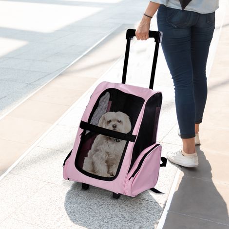 Transporteur à dos 2-en-1 pour chiens et chats avec poches latérales - 42x25x55cm - poignée télescopique et roues - rose