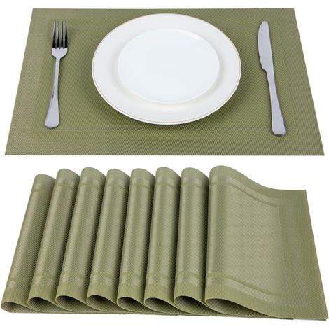 Lot de 8 Sets de Table, Vinyle Résistant Chaleur 80°C, Dimensions 45x30 cm, Vert Olive, Pour Salle à Manger