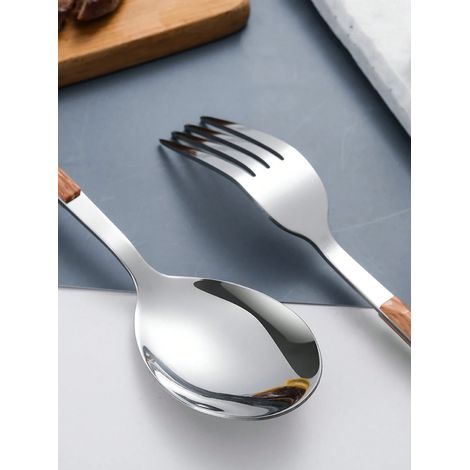 2 Pièces : Set de couverts en acier inoxydable avec manche en plastique effet bois, fourchette et cuillère, ensemble de vaisselle pour mariage, pique-nique ou restaurant, parfait comme cadeau (1/4)