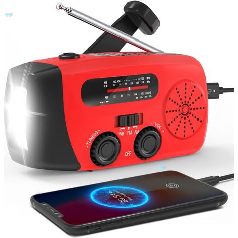 Radio solaire, éclairage de secours, générateur manuel, rouge (1/4)