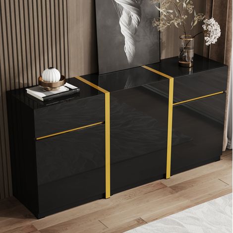 Aparador de MDF y aglomerado negro brillo, 3 puertas y 2 cajones, baldas regulables, 160x40x78 cm (1/5)