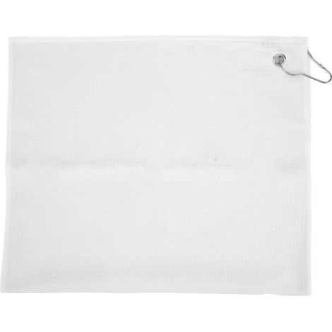 Serviette de golf en microfibre gaufrée, idéale pour nettoyer les clubs, les balles et les mains. Mousqueton inclus. Blanche. (1/5)