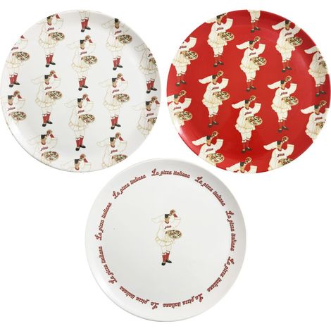 Set 3 piatti pizza rotondi infrangibili in Melamina infrangibili e riutilizzabili con 3 decorazioni diverse - Diametro 33 cm e Altezza 1,5 cm (1/4)