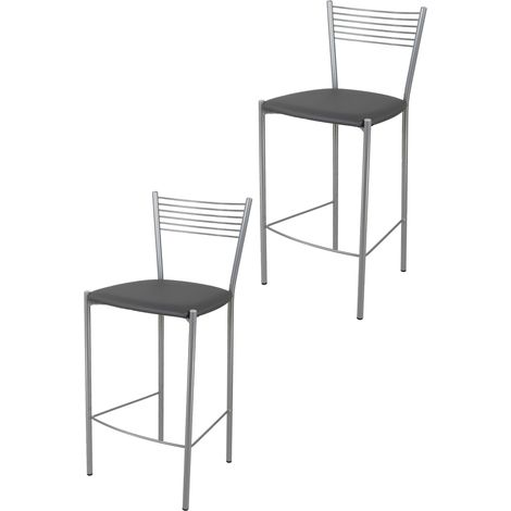 Tommychairs - Set 2 sgabelli alti modello Elegance per cucina e bar, struttura in acciaio verniciata colore alluminio e seduta imbottita e rivestita in pelle artificiale colore grigio scuro (1/4)
