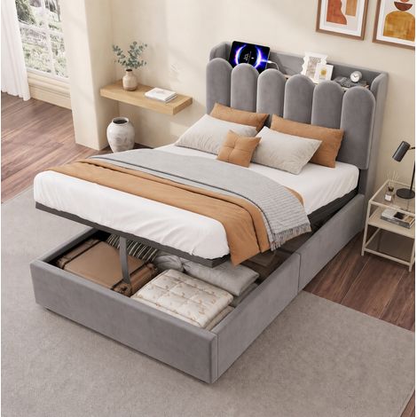Lit coffre 90x200 cm hydraulique, rangements au chevet, en velours, gris, sans matelas (1/5)