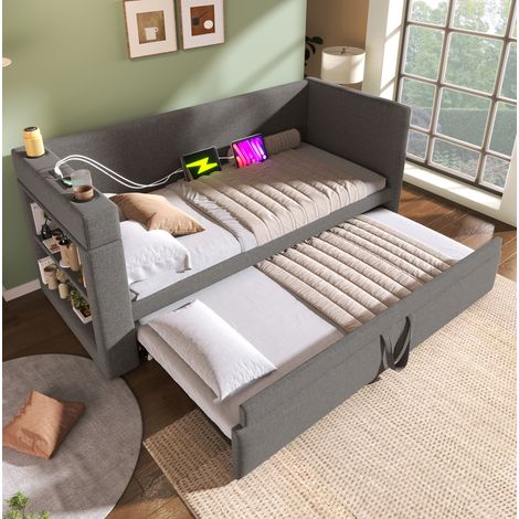 MEUBLIV Lit banquette convertible avec lit gigogne 90 x 190 cm accoudoirs réversibles ports usb type c porte gobelets tissu coton lin gris (1/5)