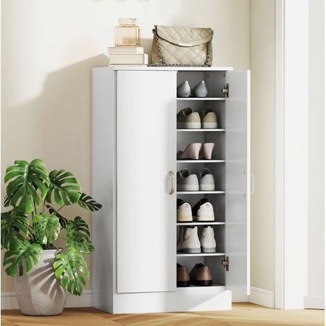 Scarpiera 55x35x108 cm, 7 ripiani, 14 paia, ripiani regolabili, cerniere soft close, legno bianco (1/5)