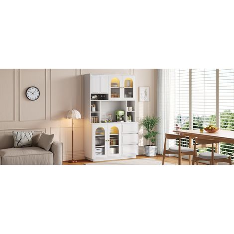 Buffet haut en MDF avec portes vitrées cintrées, étagères et éclairage LED réglable par application pour cuisine (1/5)
