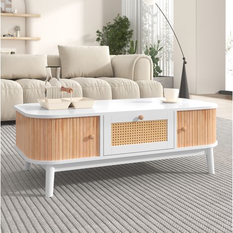 Table salon rangement bois blanc 110 cm esprit naturel OKMYHOME (1/5)