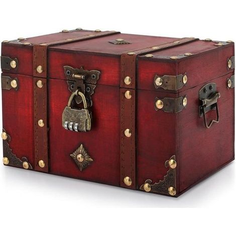 1 retro wooden storage box, treasure chest with combination lock, pirate-themed home decor for living room or child's bedroom (1/4)