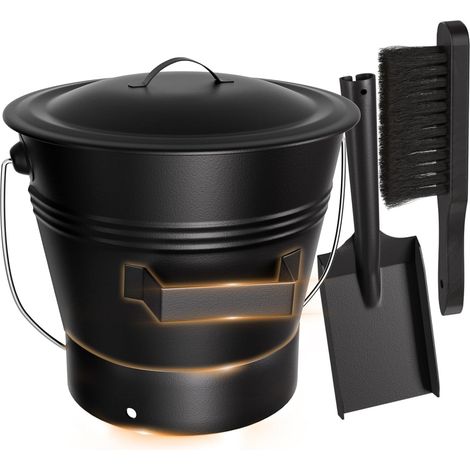 Seau à Charbon Rond 10L avec Couvercle, Pelle et Balayette Set d'Accessoires de Nettoyage pour Cheminée, Poêle à Bois et Foyer Design Compact et Pratique (1/5)