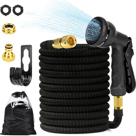 30 m langer, dehnbarer Gartenschlauch mit 1/2"- und 3/4"-Wasserhahnanschlüssen, 8-Funktions-Sprühkopf, Aufbewahrungstasche und Schlauchhalter für Garten, Wohnwagen, Camping und Tierpflege