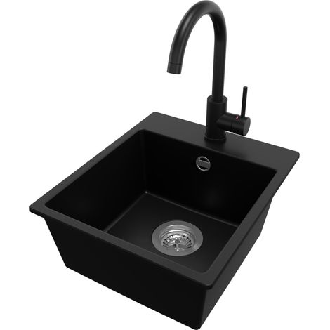 PRIMAGRAN Evier Cuisine en Granit 38x44cm, Lavabo 1 bac + Robinet 32x20cm + Kit de Vidage, Évier à Encastrer au meuble 40cm - Riga Easy, Noir