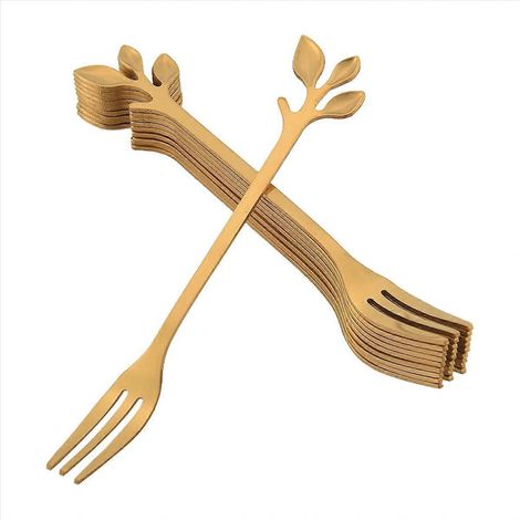 Ensemble de 10 fourchettes à dessert dorées en acier inoxydable, en forme de feuille, pour gâteaux et fruits. (1/5)