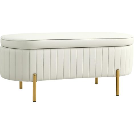 Banc de rangement, bout de lit en velours avec couvercle, pieds en métal, capacité 72 L, 108x44x43,5cm, crème