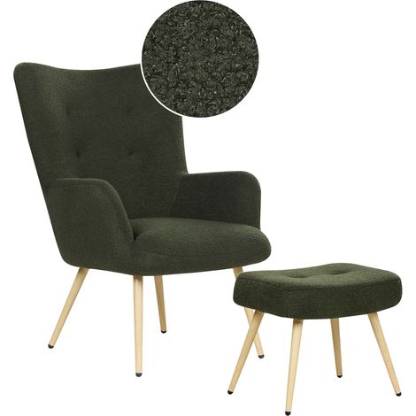Poltrona rivestita in tessuto verde scuro con motivo floreale con poggiapiedi Vejle II