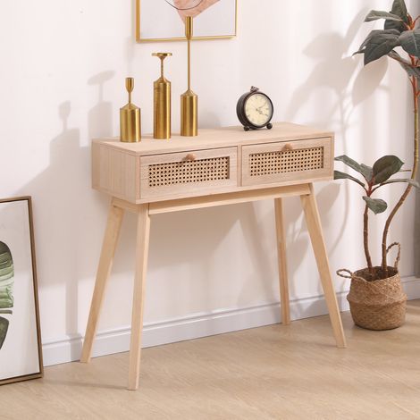 FURNITURE HMD Rattan Console Table with 2 Drawers Wooden Hall Desk for Living Room,Natural